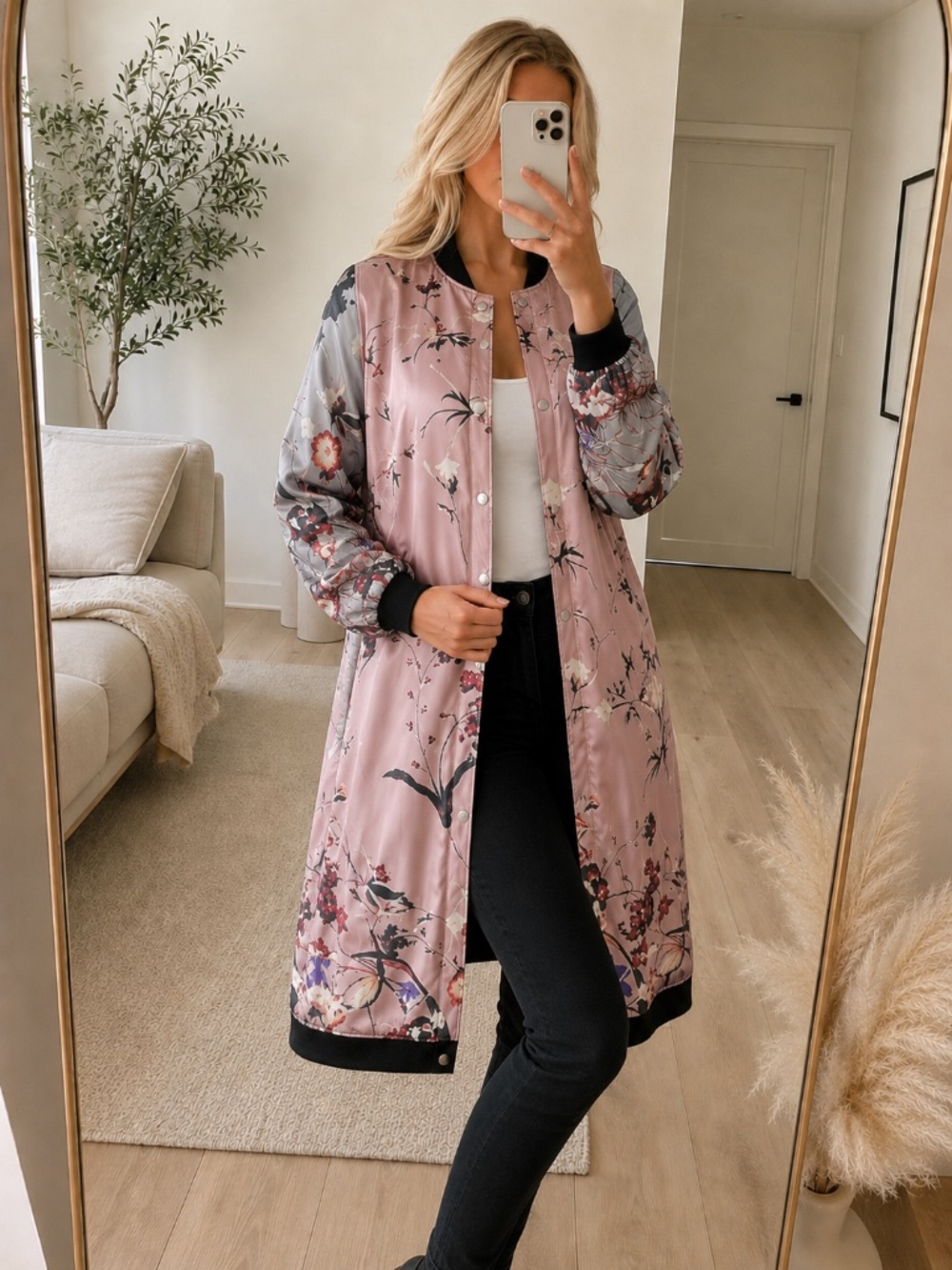 NWT Pink Floral Satin Longline Bomber Jacket Small
